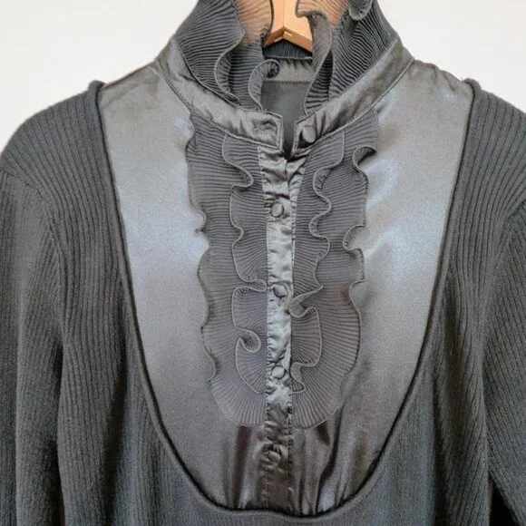 57 Collection Women's Ribbed Sweater With Ruffle and Silk Front Panel - Picture 7 of 10